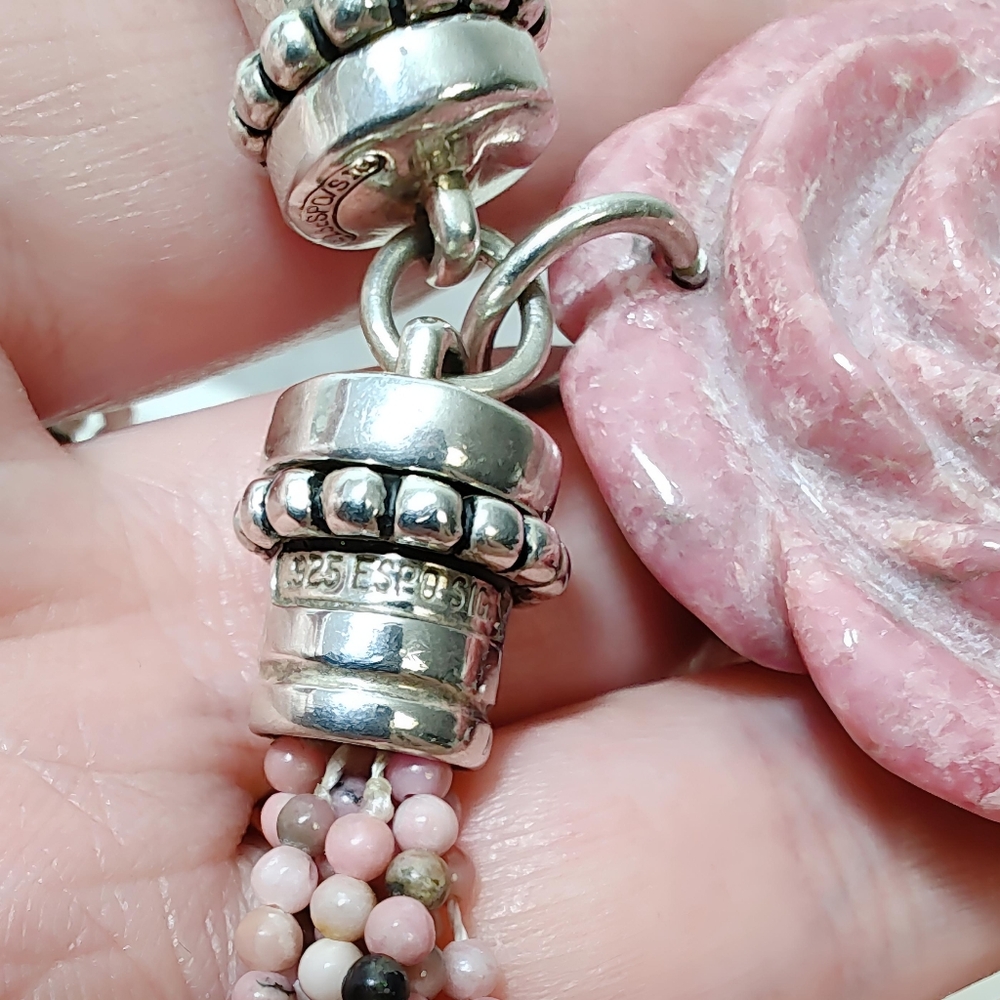 ESPO Multi Strand Rhodonite Sterling Silver Carved Rose Pendant Necklace - Picture 7 of 11